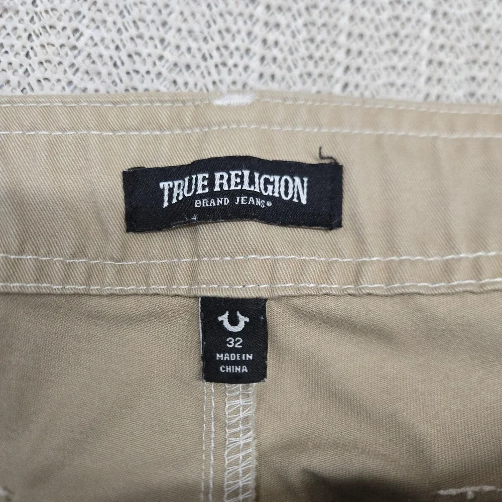 True Religion Cargo Pants Mens 32x32 Beige Canvas Logo Pockets Casual Workwear